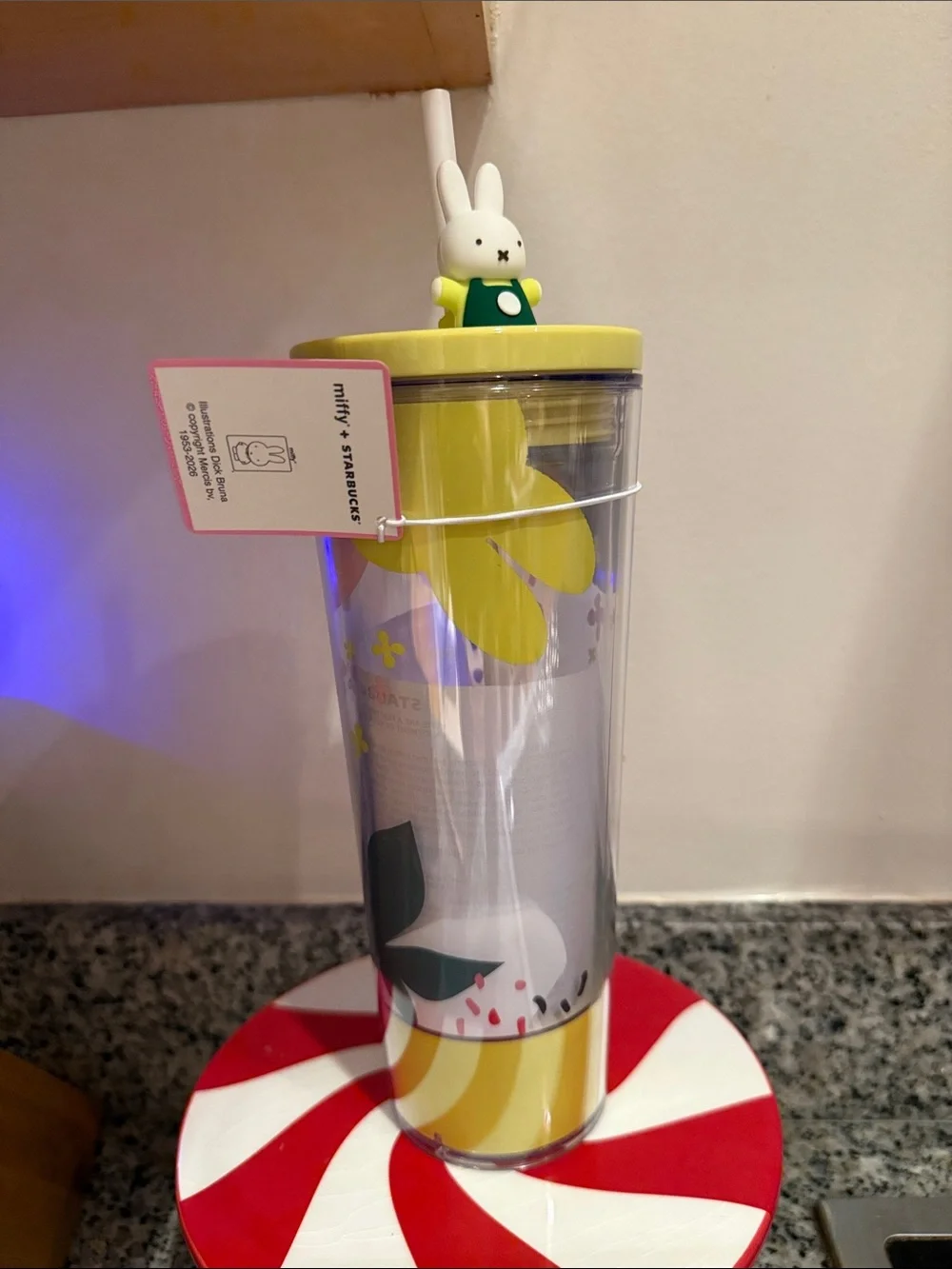 Starbucks Yellow & Green Daisy Tumbler with Miffy Bunny Topper